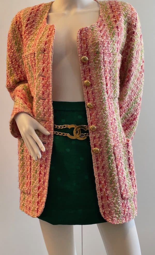 chanel pink multi tweed jacket cc logo gold jewel buttons c.1993