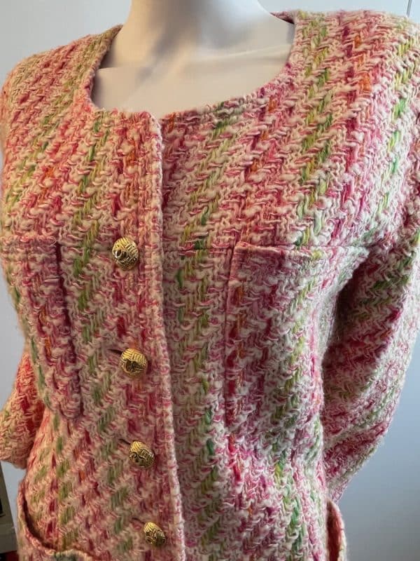 chanel pink multi tweed jacket cc logo gold jewel buttons c.1993