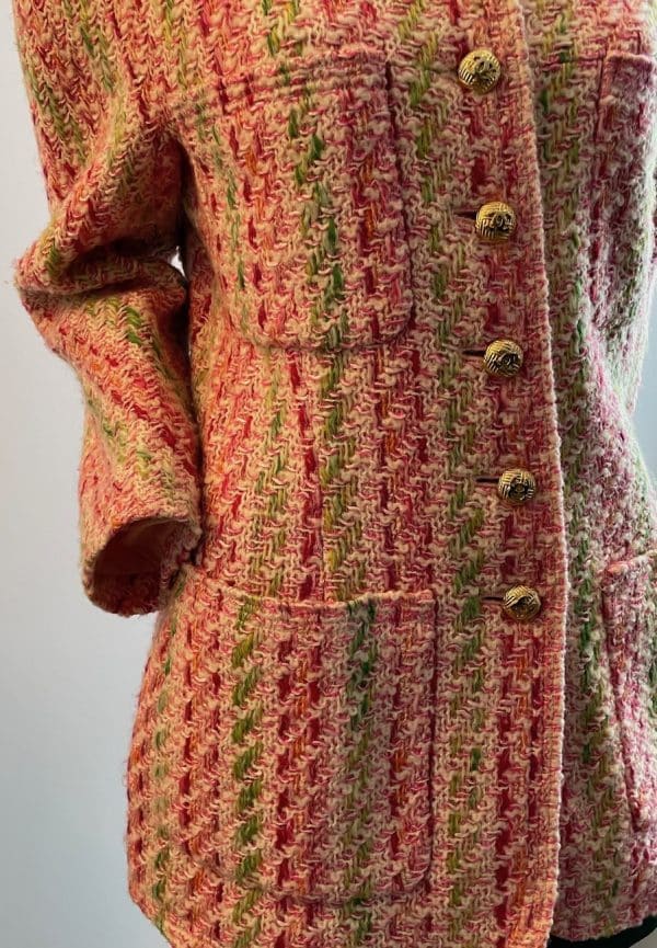 chanel pink multi tweed jacket cc logo gold jewel buttons c.1993