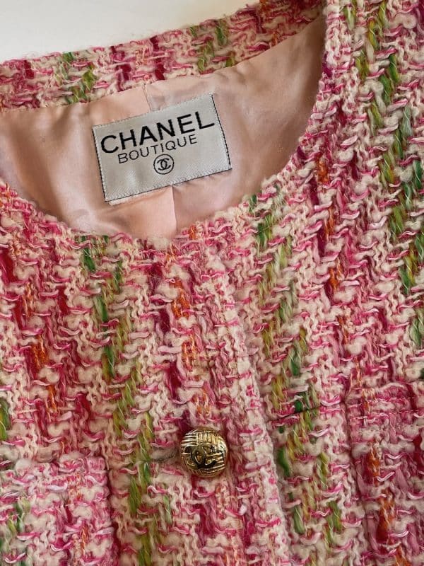 chanel pink multi tweed jacket cc logo gold jewel buttons c.1993