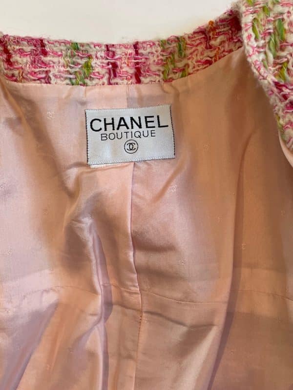 chanel pink multi tweed jacket cc logo gold jewel buttons c.1993
