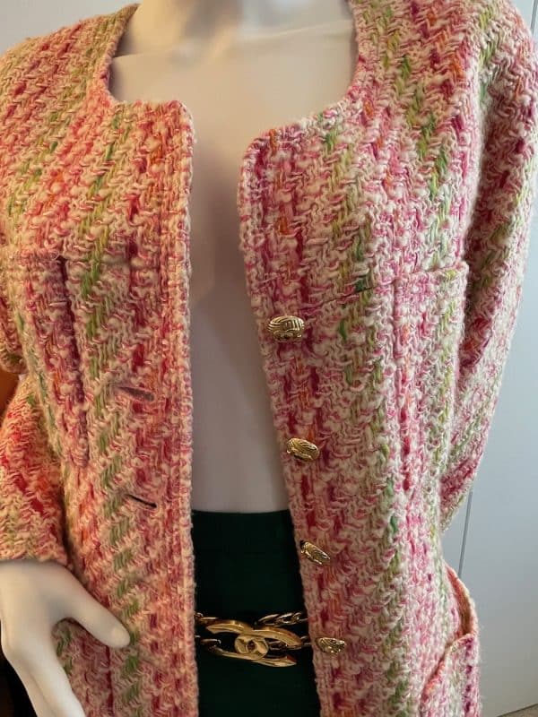 chanel pink multi tweed jacket cc logo gold jewel buttons c.1993