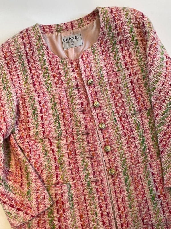 chanel pink multi tweed jacket cc logo gold jewel buttons c.1993