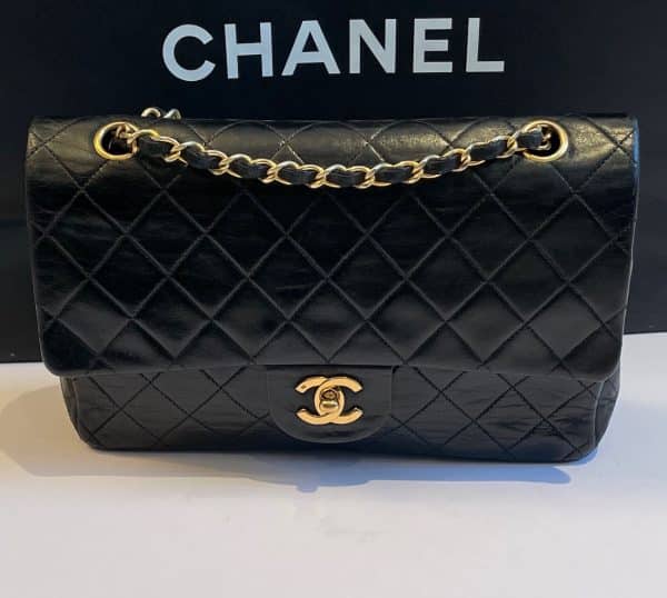 chanel vintage 2.55 black double flap classic shoulder bag lambskin c.1989