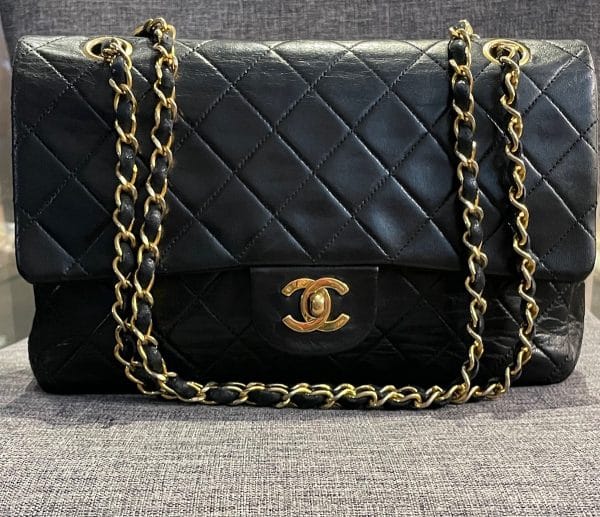 chanel vintage 2.55 black double flap classic shoulder bag lambskin c.1989