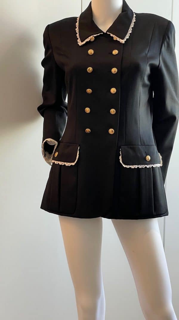 chanel vintage black 24 cc logo jewel buttons double breasted jacket 1980