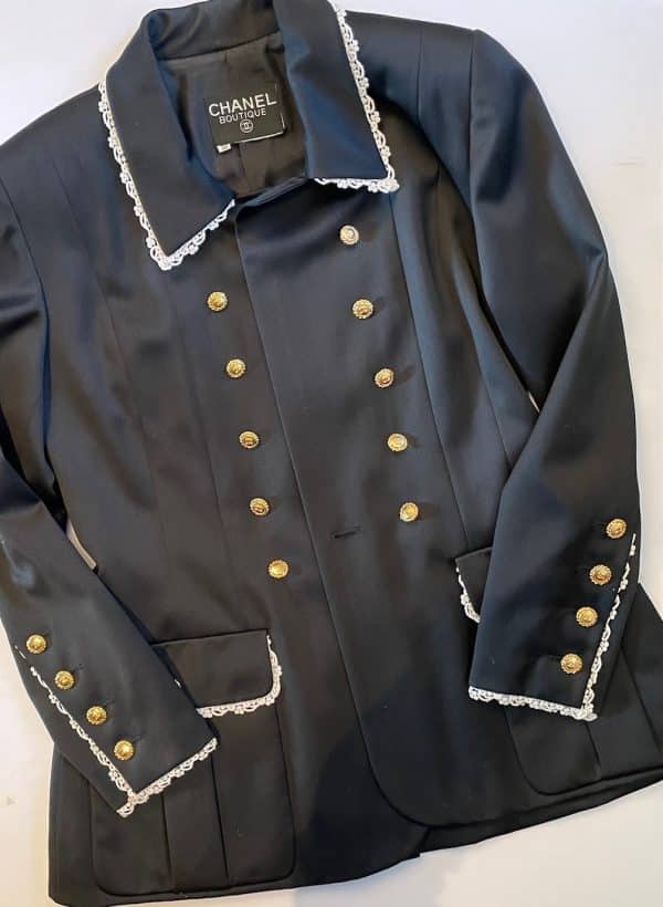 chanel vintage black 24 cc logo jewel buttons double breasted jacket 1980