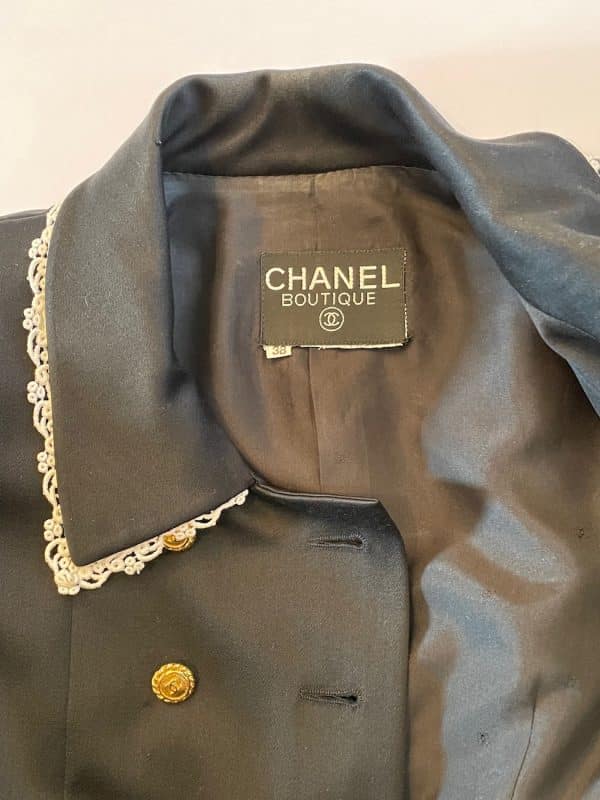 chanel vintage black 24 cc logo jewel buttons double breasted jacket 1980