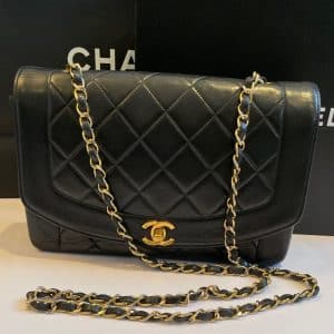 chanel vintage diana quilted black bag 24k gold plated 1991 w/box