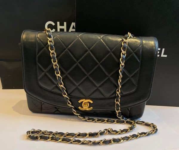 chanel vintage diana quilted black bag 24k gold plated 1991 w/box
