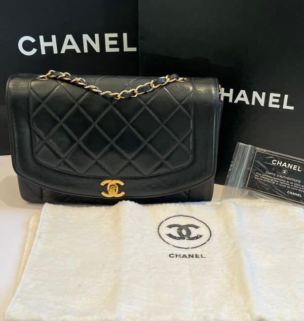 chanel vintage diana quilted black bag 24k gold plated 1991 w/box