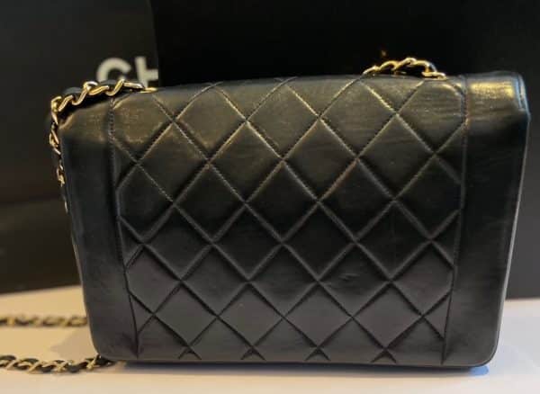 chanel vintage diana quilted black bag 24k gold plated 1991 w/box