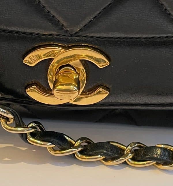 chanel vintage diana quilted black bag 24k gold plated 1991 w/box