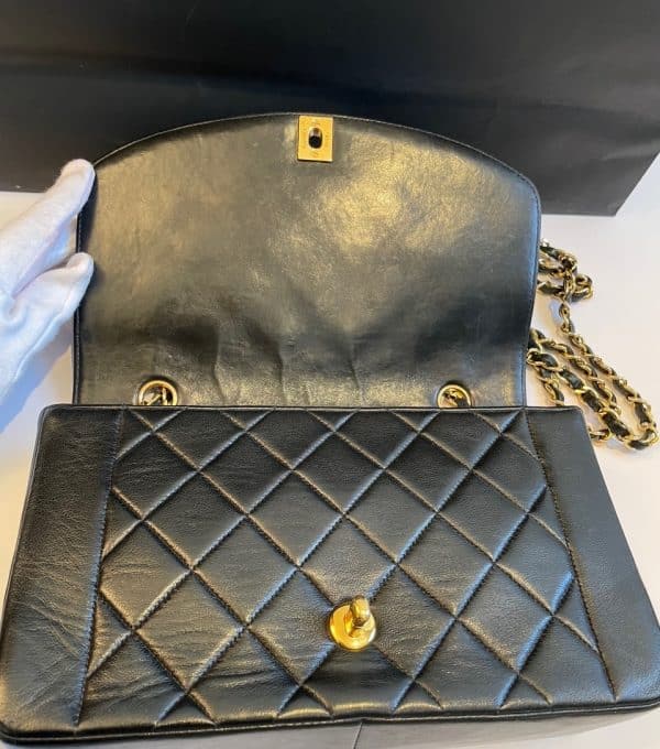 chanel vintage diana quilted black bag 24k gold plated 1991 w/box