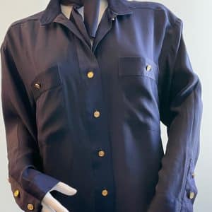 chanel vintage logo buttons silk blouse shirt navy blue