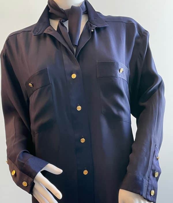chanel vintage logo buttons silk blouse shirt navy blue