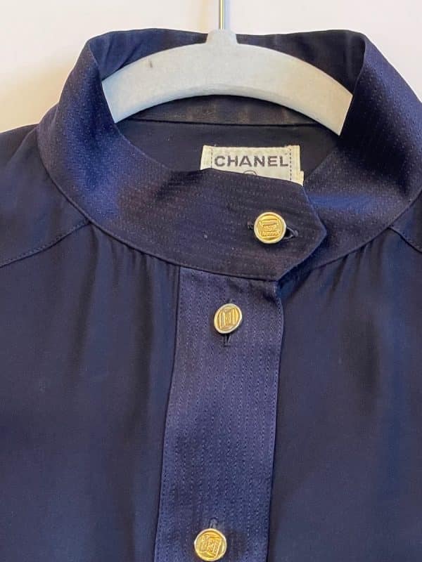 chanel vintage logo buttons silk blouse shirt navy blue
