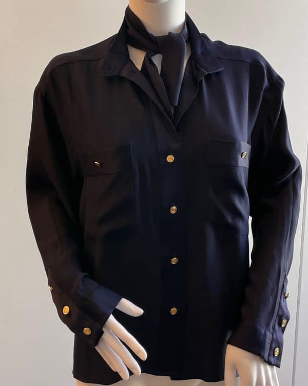 chanel vintage logo buttons silk blouse shirt navy blue