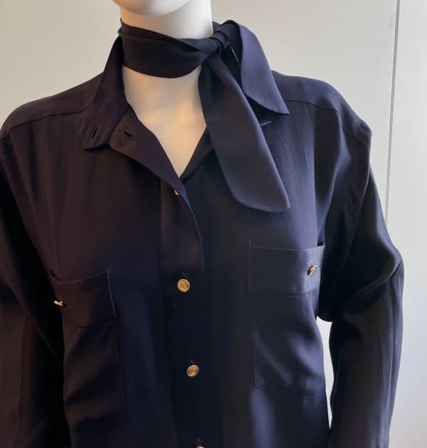 chanel vintage logo buttons silk blouse shirt navy blue