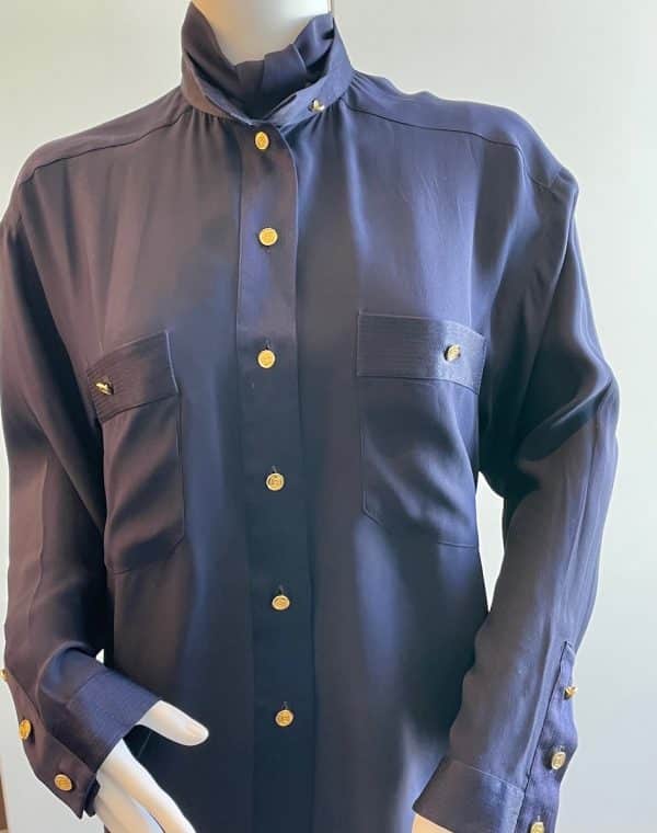 chanel vintage logo buttons silk blouse shirt navy blue