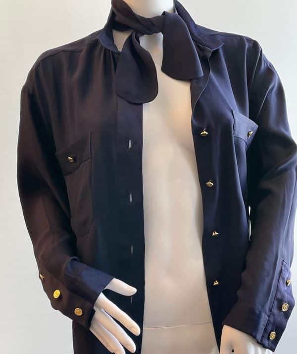 chanel vintage logo buttons silk blouse shirt navy blue