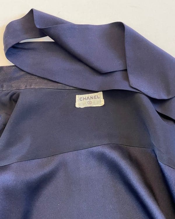 chanel vintage logo buttons silk blouse shirt navy blue