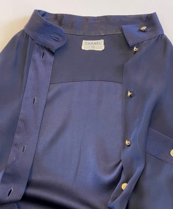 chanel vintage logo buttons silk blouse shirt navy blue