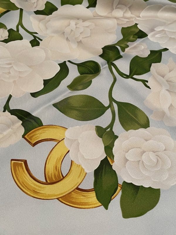 chanel vintage silk camellia cc logo scarf w/box c.1970