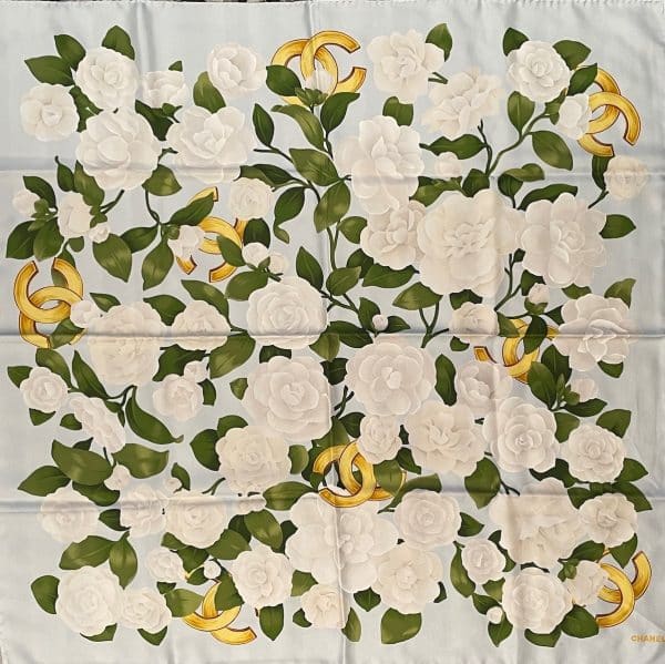 chanel vintage silk camellia cc logo scarf w/box c.1970