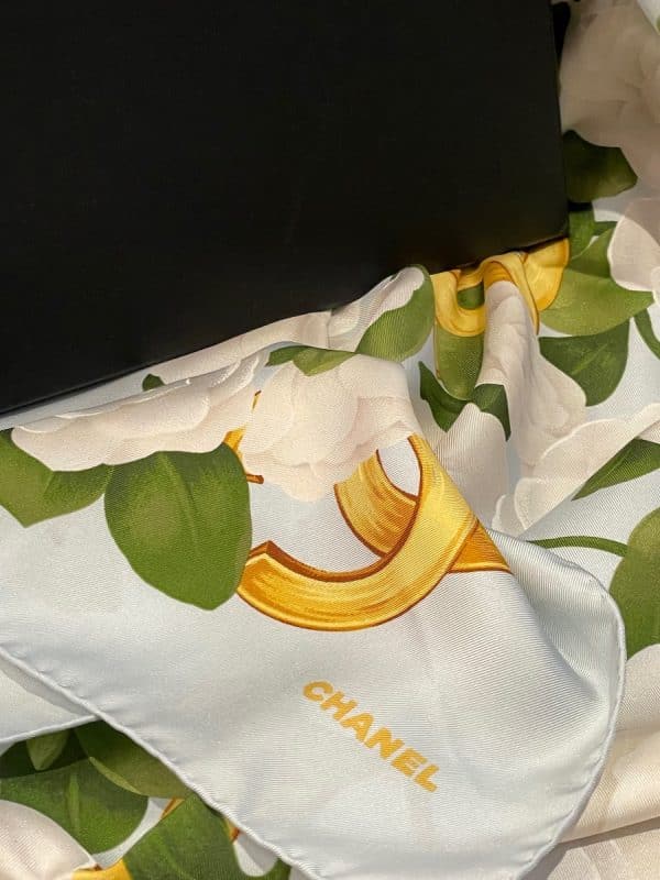 chanel vintage silk camellia cc logo scarf w/box c.1970