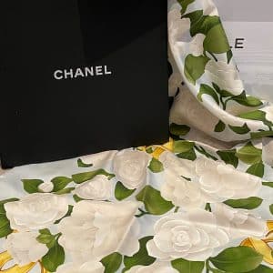 chanel vintage silk camellia cc logo scarf w/box c.1970