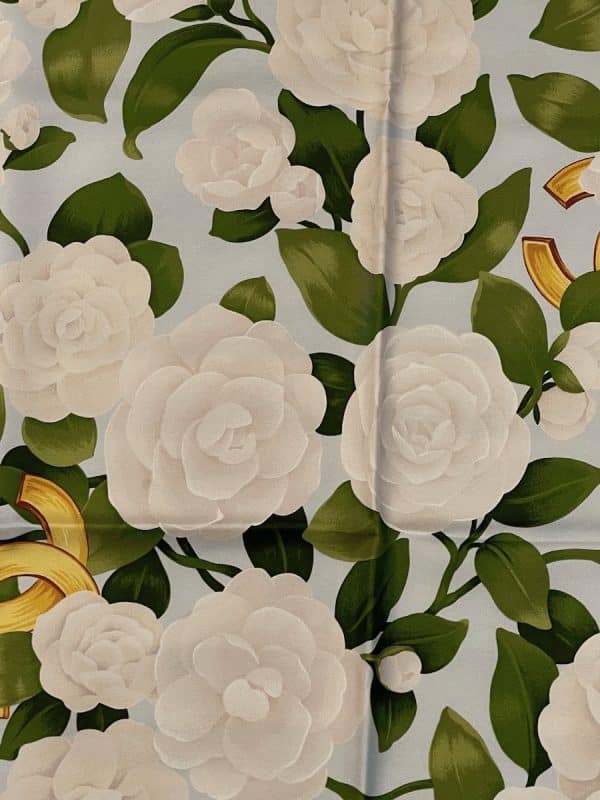 chanel vintage silk camellia cc logo scarf w/box c.1970