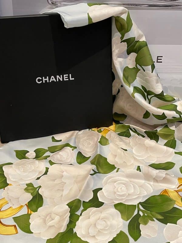 chanel vintage silk camellia cc logo scarf w/box c.1970