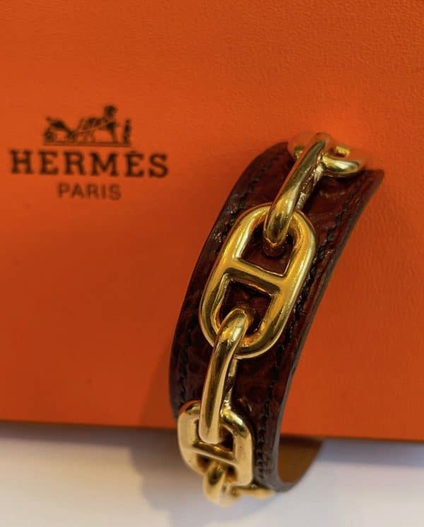 hermÈs vintage chaine d'ancre cuff bracelet leather crocodile