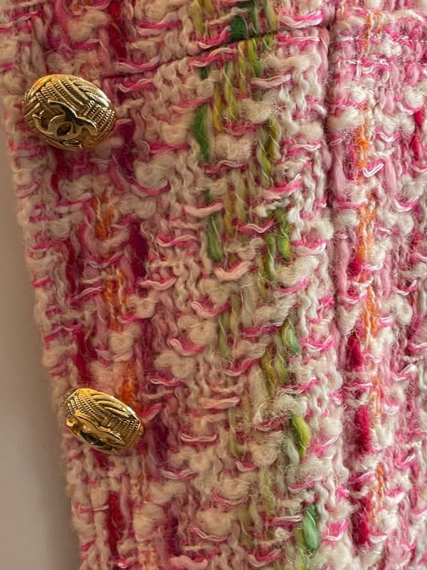 chanel pink multi tweed jacket cc logo gold jewel buttons c.1993