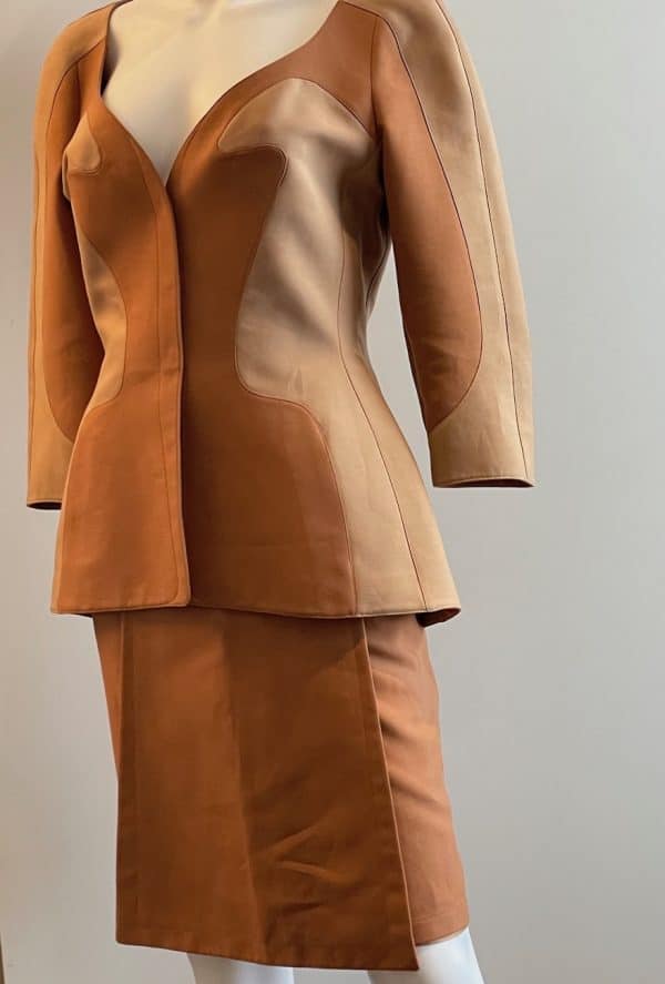 thierry mugler couture asymmetric two tone suit skirt & jacket c.1980s