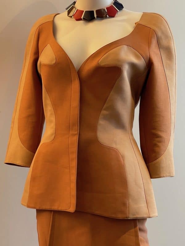 thierry mugler couture asymmetric two tone suit skirt & jacket c.1980s