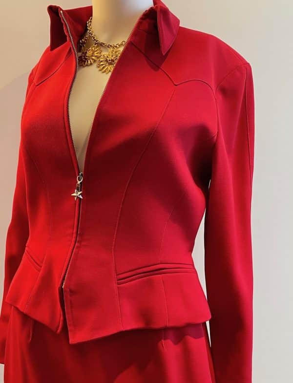 thierry mugler vintage asymmetric red suit skirt & jacket c.1990s