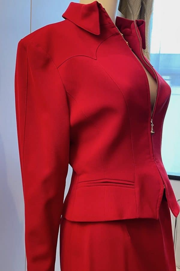 thierry mugler vintage asymmetric red suit skirt & jacket c.1990s