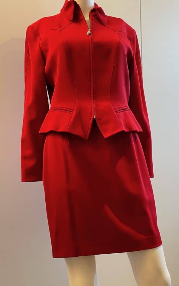 thierry mugler vintage asymmetric red suit skirt & jacket c.1990s