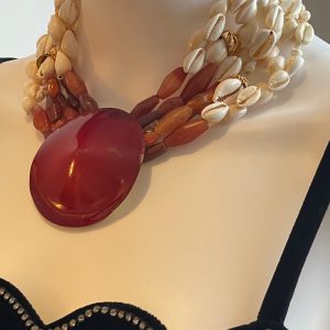 yves saint laurent by robert goossens vintage shells & red pendant necklace c.1980s
