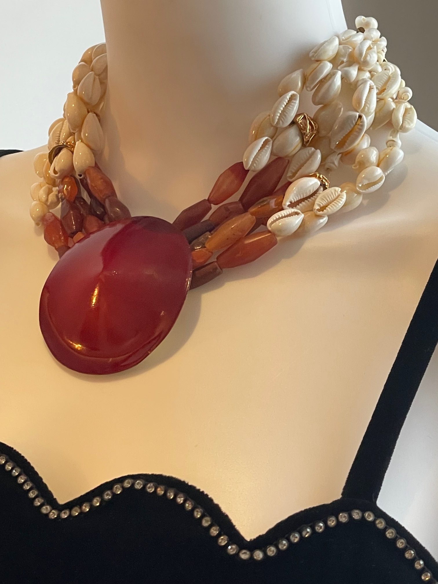 yves saint laurent by robert goossens vintage shells & red pendant necklace c.1980s