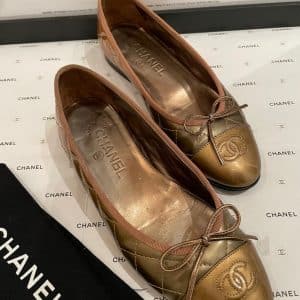 chanel rare ballet flat cc logo matelassé quilted shoes gold & bronze