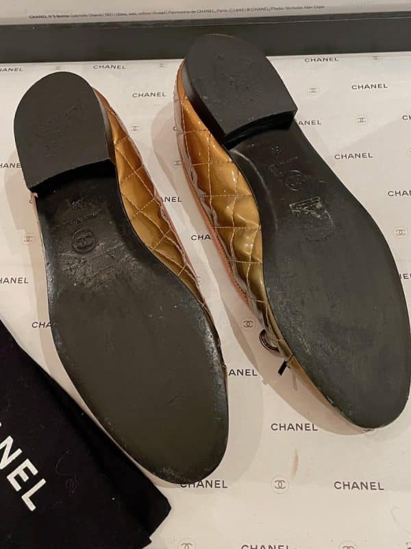 chanel rare ballet flat cc logo matelassé quilted shoes gold & bronze