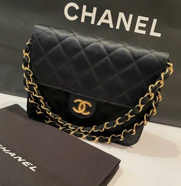 chanel vintage satin black mini square flap bag 24k gold c.1989
