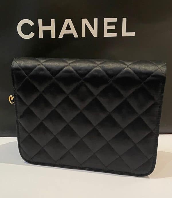 chanel vintage satin black mini square flap bag 24k gold c.1989