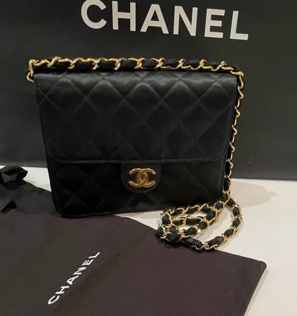 chanel vintage satin black mini square flap bag 24k gold c.1989