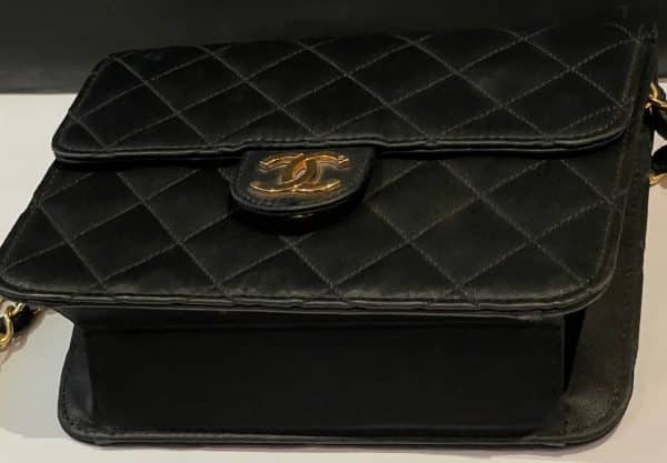 chanel vintage satin black mini square flap bag 24k gold c.1989