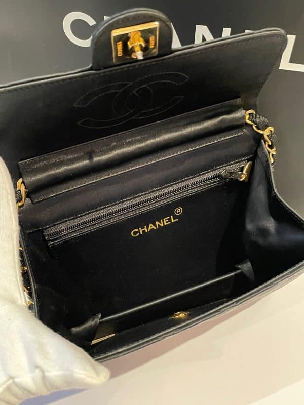 chanel vintage satin black mini square flap bag 24k gold c.1989