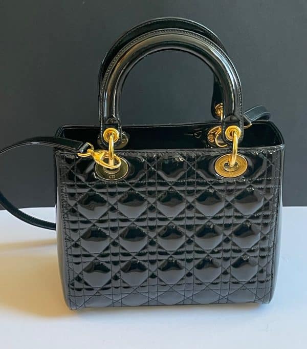 christian dior medium lady dior bag black patent cannage calfskin w/box